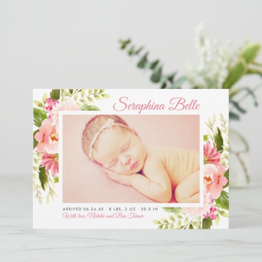 ピンクのフローラ水色ベビーガールフォト誕生 案内状 (スタンド正面)