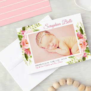ピンクのフローラ水色ベビーガールフォト誕生 案内状