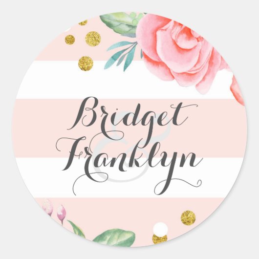 ピンクのフローラ水色金ゴールドストライプ紙吹雪甘 ラウンドシール (正面)