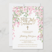 ピンクのフローラ水色金ゴールドファーストホーリーコミュニオン 招待状 (正面)