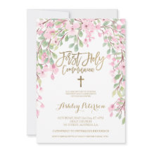 ピンクのフローラ水色金ゴールドファーストホーリーコミュニオン