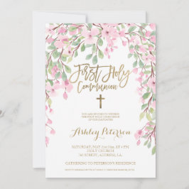 ピンクのフローラ水色金ゴールドファーストホーリーコミュニオン 招待状