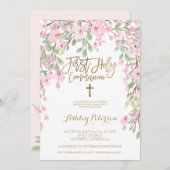 ピンクのフローラ水色金ゴールドファーストホーリーコミュニオン 招待状 (正面/裏面)