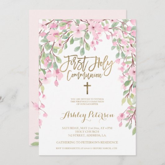 ピンクのフローラ水色金ゴールドファーストホーリーコミュニオン 招待状 (正面/裏面)