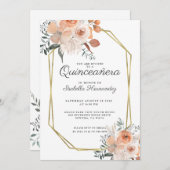 ピンクのフローラ水色金ゴールドフレームキンセアニェラ 招待状 (正面/裏面)