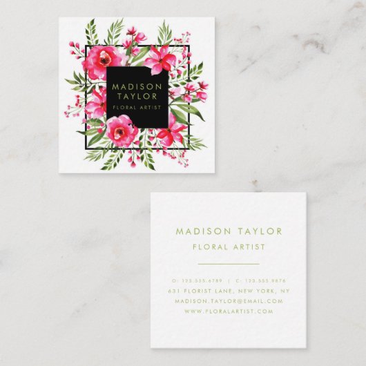 ピンクのフローラ水色 |フローラデザイン スクエア名刺 (正面/裏面)