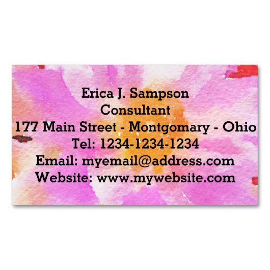 ピンクのフローラ水色 マグネット名刺 (正面)