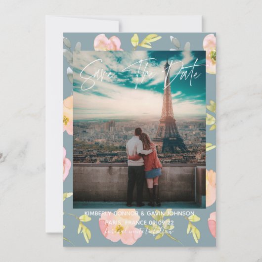 ピンクのフローラ水色 |日付の保存 セーブザデート (正面)