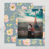 ピンクのフローラ水色 |日付の保存 セーブザデート (正面/裏面)