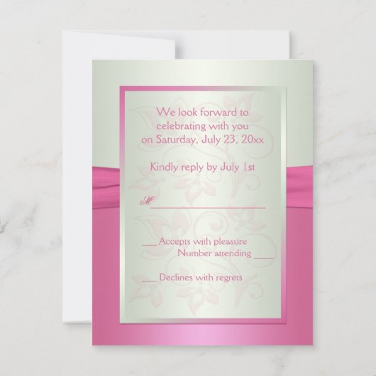 ピンクのフローラ淡い色のと緑と愛ハートII RSVP 招待状 (裏面)