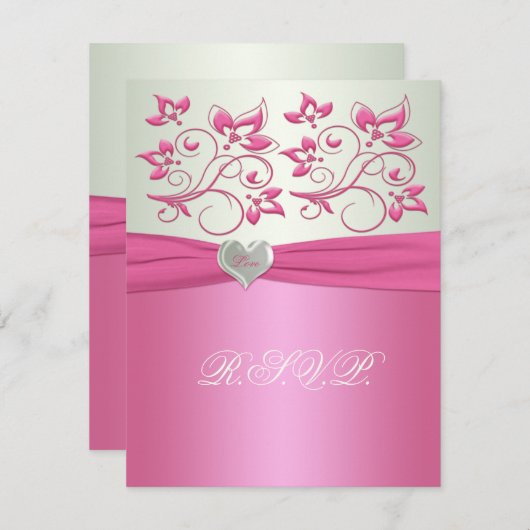 ピンクのフローラ淡い色のと緑と愛ハートII RSVP 招待状 (正面/裏面)