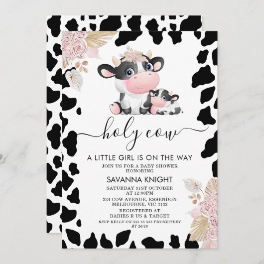 ピンクのフローラ漫画の神聖な牛の牛のプリント赤ちゃんシャワー 招待状 (正面/裏面)