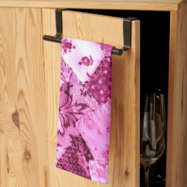 ピンクのフローラ熱狂するキルトパタフェイクーン キッチンタオル