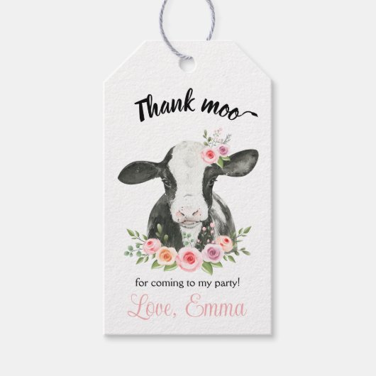 ピンクのフローラ牛と牛のプリント感謝していよりGi好き ギフトタグ (正面)