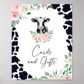 ピンクのフローラ牛の誕生日カードとギフトサイン ポスター (正面)