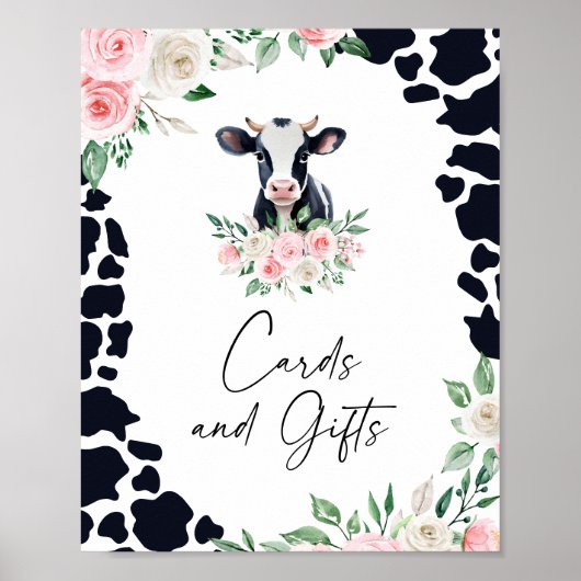 ピンクのフローラ牛の誕生日カードとギフトサイン ポスター (正面)