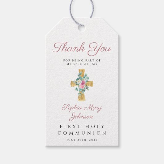 ピンクのフローラ牡丹が最初の聖餐式をクロス ギフトタグ (正面)