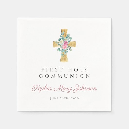 ピンクのフローラ牡丹が最初の聖餐式をクロス スタンダードカクテルナプキン (正面)