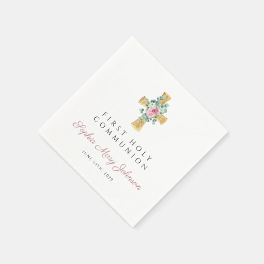 ピンクのフローラ牡丹が最初の聖餐式をクロス スタンダードカクテルナプキン (角)