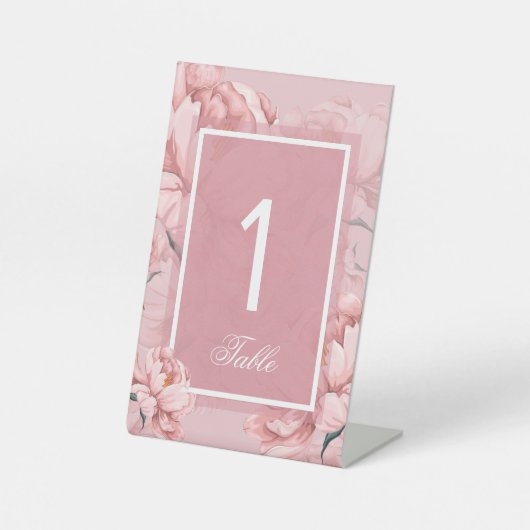 ピンクのフローラ牡丹の花のテーブル番号記号 台座サイン (正面)