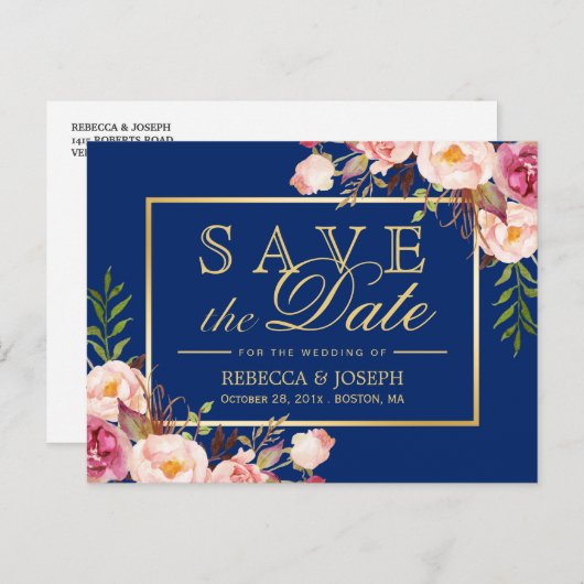 ピンクのフローラ王室の金ゴールドネイビーブルー – 日付を保存 案内ポストカード (正面/裏面)