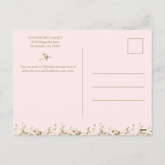 ピンクのフローラ生まれたばかりのベビー写真クリスマス シーズンポストカード (裏面)