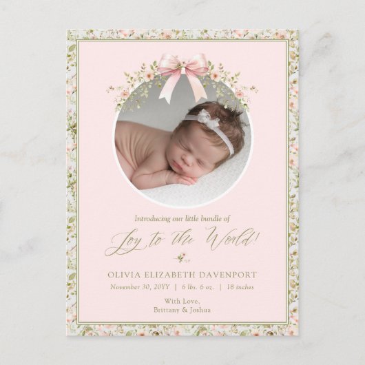ピンクのフローラ生まれたばかりのベビー写真クリスマス シーズンポストカード (正面)