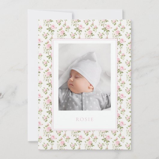 ピンクのフローラ生まれたばかりの誕生のお知らせ写真カード 案内状 (正面)