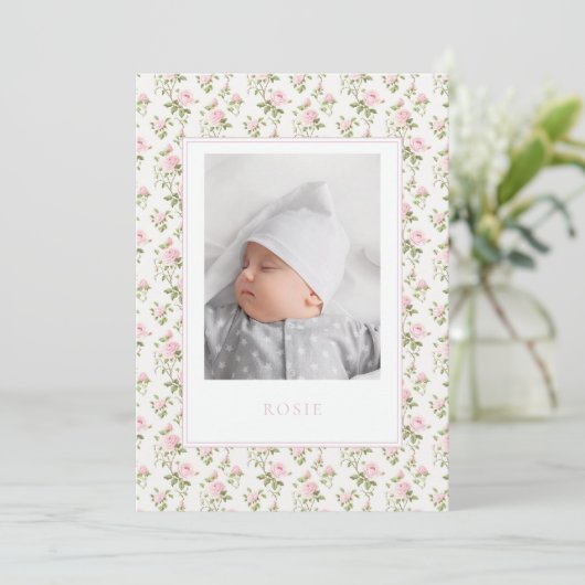 ピンクのフローラ生まれたばかりの誕生のお知らせ写真カード 案内状 (スタンド正面)