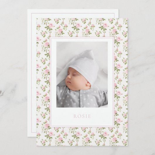 ピンクのフローラ生まれたばかりの誕生のお知らせ写真カード 案内状 (正面/裏面)