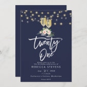 ピンクのフローラ田舎の海軍灯21歳の誕生日 招待状 (正面/裏面)