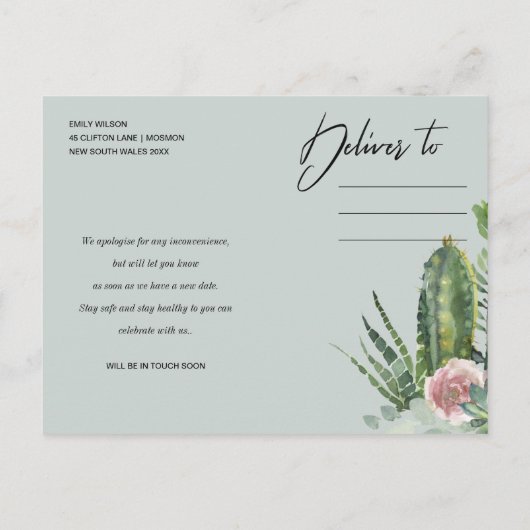 ピンクのフローラ砂漠のサボテンの葉が日付を延期 案内ポストカード (裏面)
