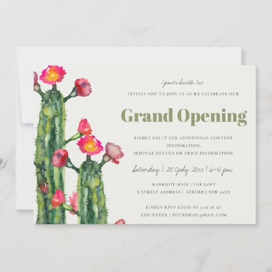 ピンクのフローラ砂漠のサボテンの葉のグランドオープン 招待状 (正面)