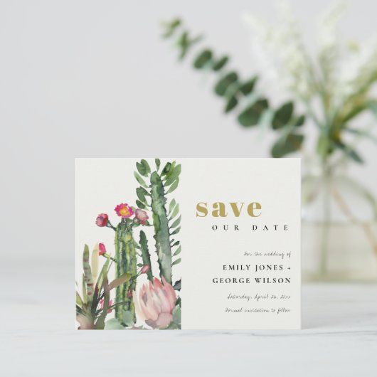 ピンクのフローラ砂漠のサボテンの葉は日付を保存 案内ポストカード (スタンド正面)