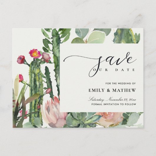 ピンクのフローラ砂漠のサボテンの葉は日付を保存 案内ポストカード (正面)