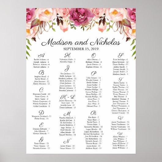 ピンクのフローラ素朴アルファベットの座席表 ポスター (正面)
