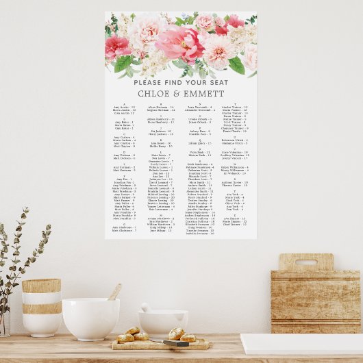 ピンクのフローラ素朴アルファベットの座席表 ポスター (キッチン)