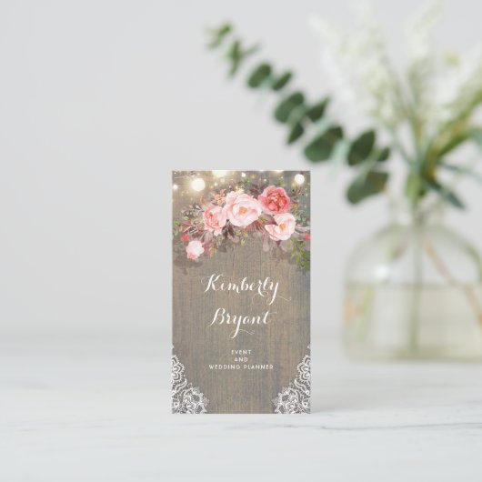ピンクのフローラ素朴ウッドレースのストリングライト 名刺 (スタンド正面)