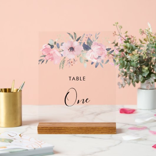 ピンクのフローラ素朴バラの葉のテーブル番号 アクリルサイン (ウェディング)