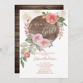 ピンクのフローラ素朴赤ちゃんシャワー 招待状 (正面/裏面)