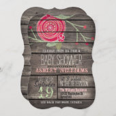 ピンクのフローラ素朴、カントリー・ウッドの赤ちゃんシャワー 招待状 (正面/裏面)