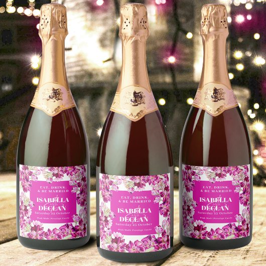 ピンクのフローラ素材花の結婚水色 スパークリングワインラベル