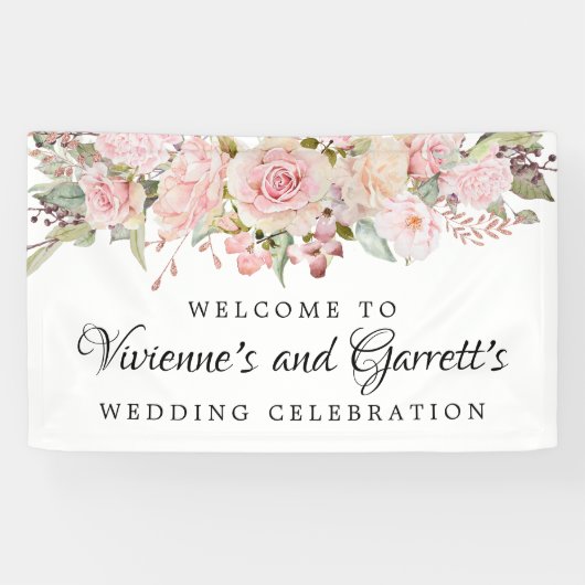 ピンクのフローラ結婚のウェルカムバナー 横断幕 (横)