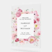 ピンクのフローラ結婚の歓迎 アクリルサイン (傾斜)