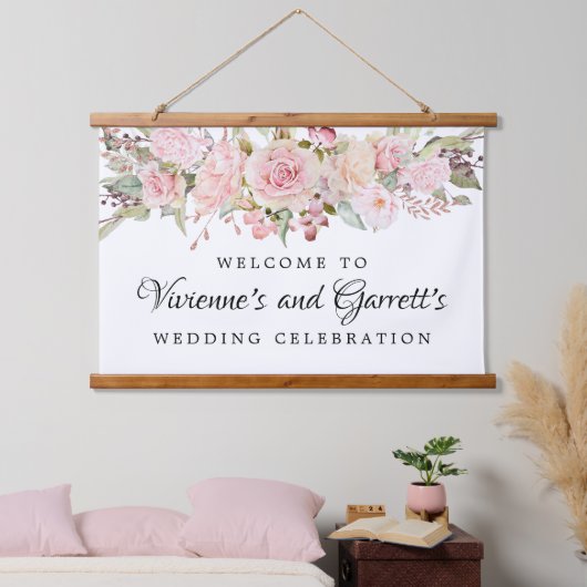 ピンクのフローラ結婚の歓迎 吊り下げ型タペストリー (寝室)