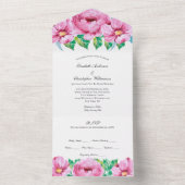 ピンクのフローラ結婚の緑が一つの招待状に オールインワン招待状 (内側)