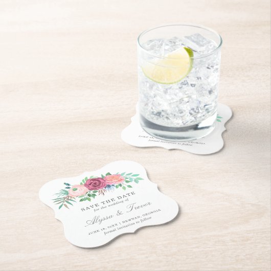 ピンクのフローラ結婚の非写真日付の保存 ペーパーコースター (インサイチュ)