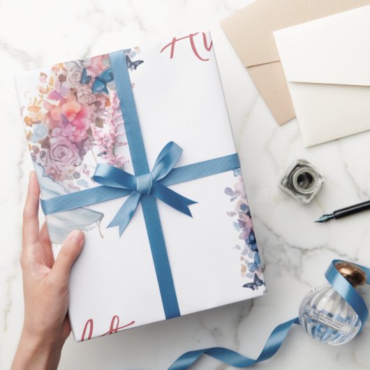 ピンクのフローラ結婚ハート/シャワーおめでとう ラッピングペーパー (ギフト)