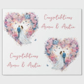 ピンクのフローラ結婚ハート/シャワーおめでとう ラッピングペーパー (フラット)