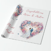 ピンクのフローラ結婚ハート/シャワーおめでとう ラッピングペーパー (アンロールド)